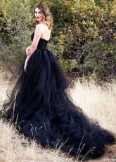 Mamie | Gothic Black Corset Strapless Backless Wedding Dress Train - Black - PromDressClub